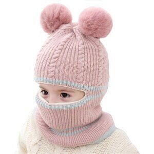 🆕 Baby Girls Pink Winter Warm Scarf Shawl Hat Knit Cute Face Cover Balaclava